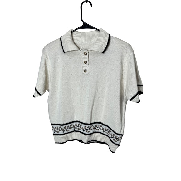 Sweaters - Womens Vintage Cream Knit‎ Polo Shirt Short Sleeve Leaf Trim Buttons Top  size L